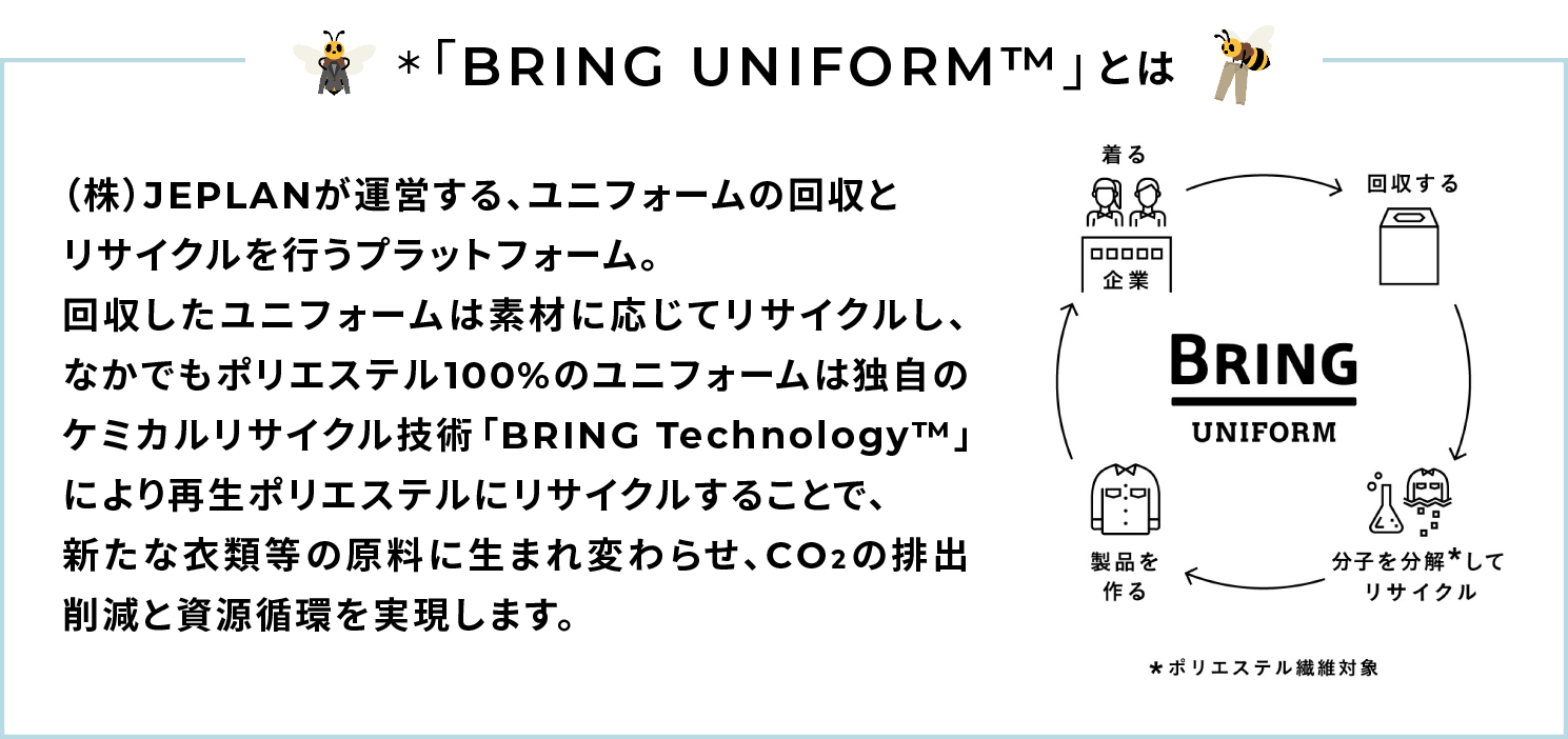 「BRING UNIFORMTM」とは（株）JEPLANが運営する、ユニフォームの回収とリサイクルを行うプラットフォーム。